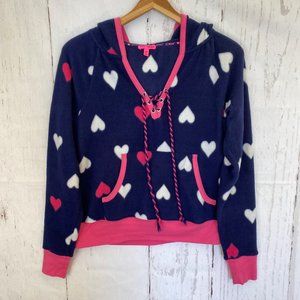 Betsey Johnson Womens Pullover Hooded Fleece Sweater Size M Lace Up V Neck Navy